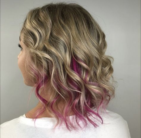 Balayage, Blonde With Hot Pink Peekaboo, Pink Peekaboo Highlights Short Hair, Peekaboo Hair Color Brunettes Pink, Blonde Highlights With Pink Peekaboo, Pink Under Highlights, Dark Pink Peekaboo Hair, Kids Peekaboo Hair Color, Hidden Hair Color Peekaboo Highlights