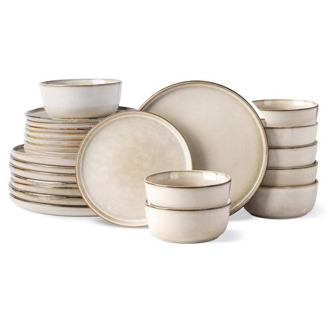 PRICES MAY VARY. HEALTHY & SUPERIOR VALUE : These dinnerware set are made of degradable clay making it free of lead and cadmium, NO need to worry about harmful substance leaching into your drinking and food, Twice fired premium ceramic make it sturdy, durable and chip-resistant for long use. WHAT’S IN THE BOX: These series 24-piece dinnerware set includes 8Pcs 10.5” Dinner Plates, 8Pcs 8” Dessert Plates, 8Pcs 6.” (24 OZ) cereal bowls, making it a great set service for 8. MODERN&HUMANIZED DESIGN: Dish Wear Sets, Mid Century Modern Dishware, Modern Plates Set Dinnerware, Kitchen Dishes Sets, Beige Plates, Boho Dinnerware, Stone Dinnerware, Farmhouse Dinnerware Sets, Kitchen Dinner Set