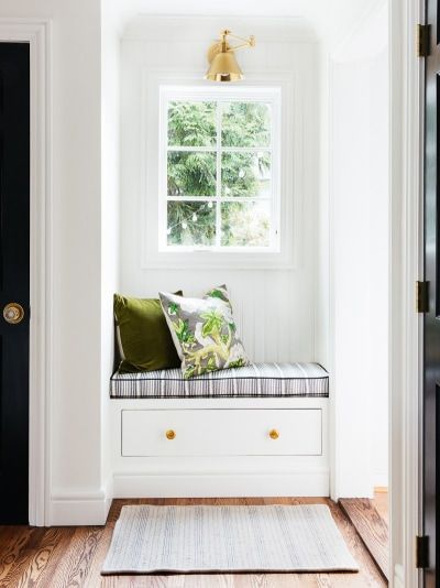 Mudroom Nook, Small Window Seat, Erin Kestenbaum, Mini Mudroom, Window Seat Ideas, Craftsman Remodel, Painting Trim White, Window Seat Design, Window Nook