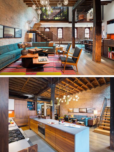 Architect Andrew Franz has transformed the top floor and roof of an 1884 caviar warehouse, into a contemporary open plan residence in New York. Warehouse Living, Warehouse Loft, Warehouse Home, Loft House, Loft Living, Top Floor, Loft Design, Industrial Loft, Loft Apartment