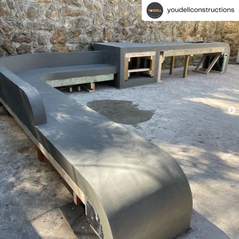 Bbq Bench, Concrete Bench Outdoor, Concrete Bench Seat, Concrete Garden Bench, Outdoor Bbq Area, Outdoor Cabana, Caribbean Homes, Zen Garden Design, Fire Pit Bbq