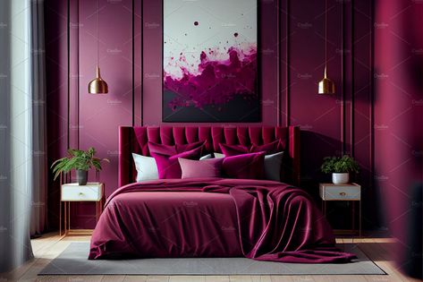 Bedroom in viva magenta and dark burgundy colours interior design. Bedside tabl by Olyryk & Aglo on @creativemarket Fuschia Bedroom, Pink And Red Bedroom, Magenta Bedrooms, Bed Cover Design, Brighter Bedroom, Ford Pinto, Bed Interior, Minimalist Bed, Pink Bedroom Decor