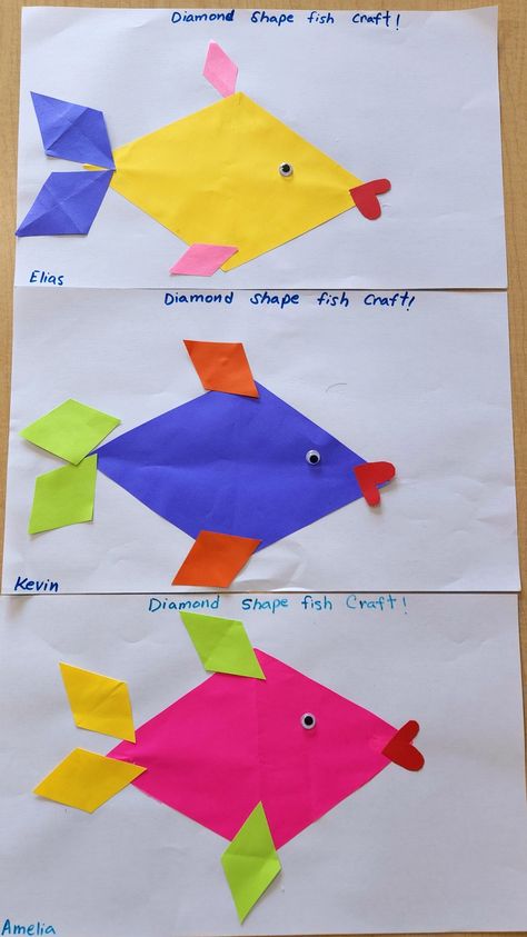 Pentagon Crafts Preschool Art Projects, Maths Shapes Activities, Diamond Shape Crafts Preschool Art Projects, Diamond Art Preschool, Rhombus Crafts For Preschoolers, Diamond Craft For Preschool, Shape Fish Craft Preschool, Preschool Crafts Fish, Shape Diamond Preschool