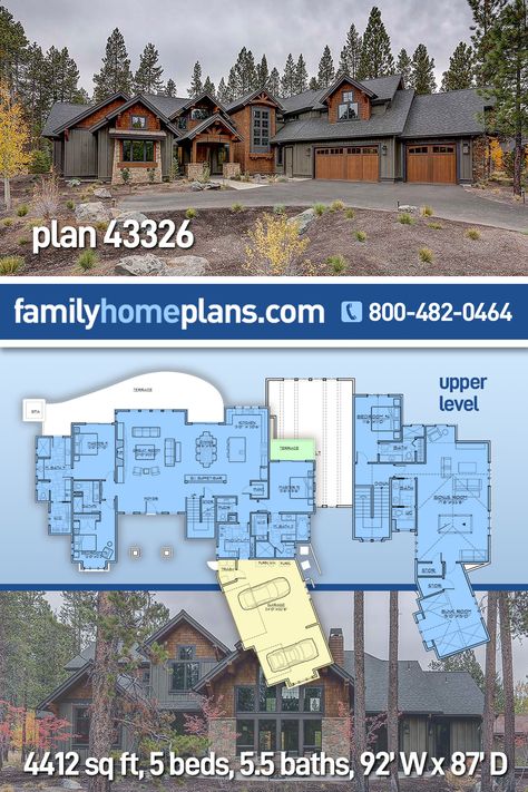 House Plan 43326 - Country, Craftsman Style House Plan with 4412 Sq Ft, 5 Bed, 6 Bath, 3 Car Garage Luxury Homes Dream Houses Woodworking Plans, Mountain Home Floor Plans, Rustic Craftsman House Plans, Mountain Craftsman House Plans, Lodge House Plans, Lodge Plans, Country Craftsman House Plans, Mountain Craftsman, Rustic Craftsman