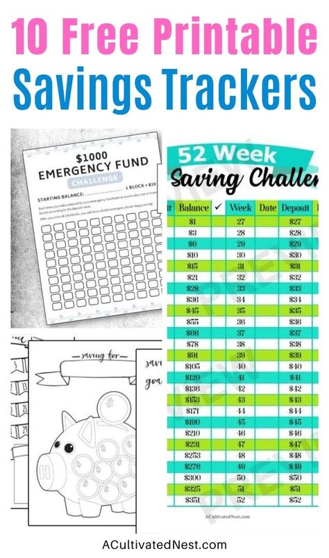 10 Free Printable Savings Trackers- If you want to save money, then you need to check out these fabulous free printable savings trackers! They'll help you get your finances in order and ready for whatever you are saving for! | #freePrintables #savingsTrackers #saveMoney #moneySavingTips #ACultivatedNest Saving Money Printables Free, Savings Challenge Biweekly Free Printable, Free Printable Savings Chart, Savings Sheet Free Printable, Saving Planner Printables, Free Money Printables, Saving Chart Printable, Money Stuffing Challenge, Free Budget Printables Templates Saving Money