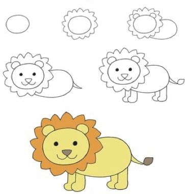 Easy Drawings For Preschoolers, Simple Drawing For Kindergarten, Animal Drawing Tutorial Easy, Easy Kid Drawings Step By Step, Step By Step Drawing For Preschoolers, How To Draw A Lion Easy, Draw Lion Easy For Kids, Cute Easy Animal Drawings Step By Step, Step By Step Drawing For Kindergarten