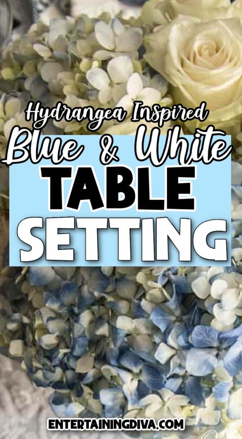 Blue Hydrangea Centerpieces, Blue And White Tablescapes, Blue And White Table Setting, White Hydrangea Centerpieces, Hydrangea Centerpieces, White Table Setting, Chinoiserie Vases, Gold Table Setting, White Table Settings