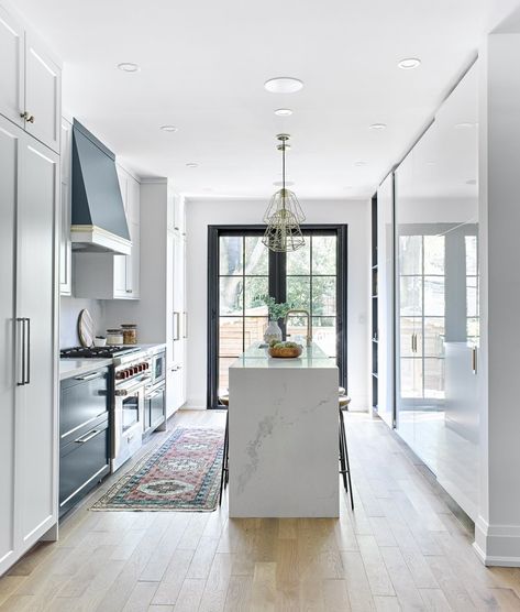 A beautiful Leslieville main floor renovation featuring a stunning transitional kitchen with style — DESIGNSTROM Narrow Kitchen Island, Galley Kitchen Design, Floor Renovation, Galley Kitchens, Narrow Kitchen, Kitchen Remodel Before And After, Galley Kitchen, Kitchen Extension, Transitional Kitchen