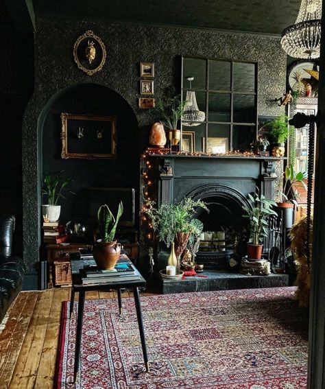 Goth Themed Living Room, Dark Homestead Aesthetic, Dark Academia Aesthetic Home Office, Dark Botanical Old World, Modern Witch House, Fireplace Altar, Masculine Cottagecore, Gp Aesthetic, Rustic Gothic Home Decor