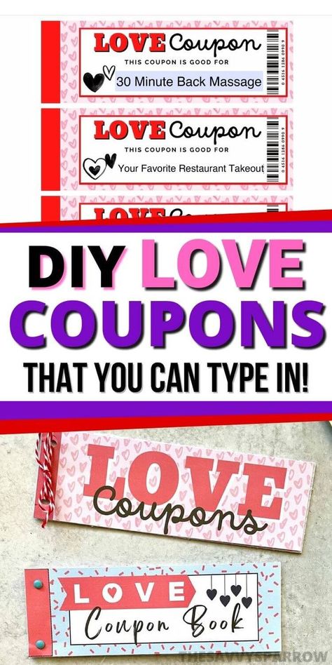 Use this love coupon book template to make your own printable love coupons for your boyfriend or husband! The love coupons template is editable, which means you can type in to the PDF to customize your own homemade coupons for him! These make awesome DIY gifts for Valentine's Day, anniversary, or Just because... Plus, get some awesome love coupon ideas to use! Lovers Coupons For Him, Couple Coupon Book For Him, Coupons For Husband Printable, Coupons For Husband Ideas, Homemade Coupon Book For Boyfriend, Anniversary Coupons For Him, Birthday Coupons For Husband, Diy Coupons For Husband, Diy Coupon Book For Husband