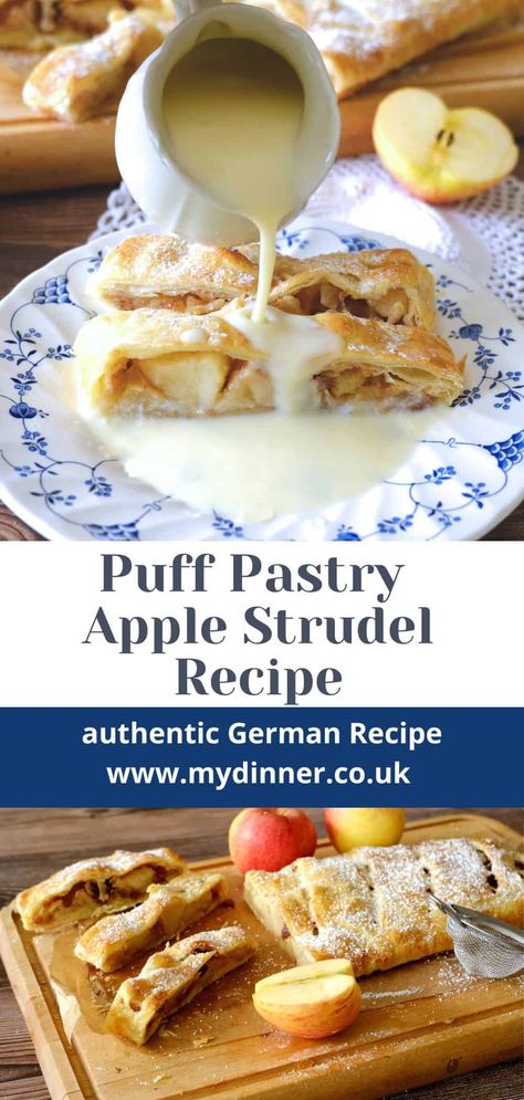 Quick and Easy Puff Pastry Apple Strudel Apple Strudel Puff Pastry, German Apple Strudel Recipe, Easy Apple Strudel Recipe, Vegetable Strudel, Apple Strudel Recipe, Easy Apple Strudel, Puff Pastry Apple, German Food Authentic, Puff Pastry Recipe