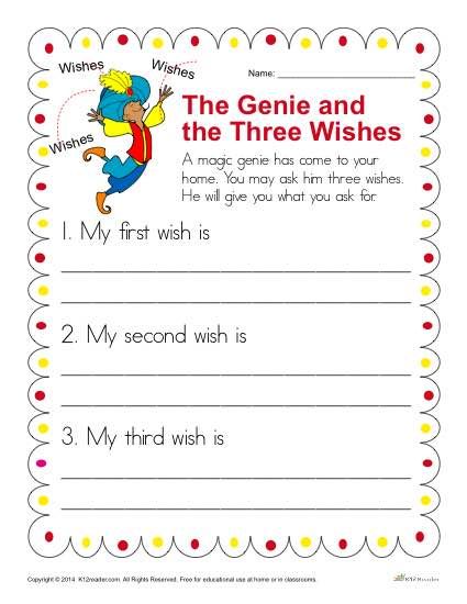 Kindergarten Writing Prompt - Genie and Three Wishes First Grade Writing Prompts, Spring Writing Prompts, Elementary Writing Prompts, Writing Prompts Poetry, Free Printable Kindergarten, Kindergarten Writing Prompts, Writing Prompts Romance, Creative Prompts, Spring Writing