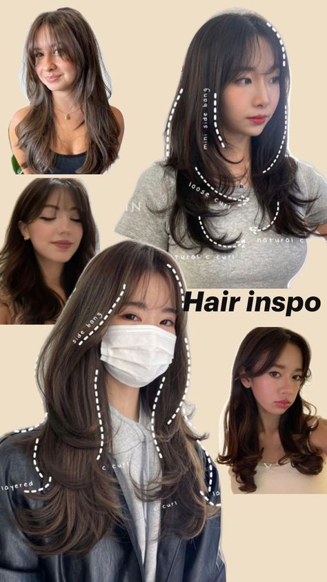 Long layered hair with wispy bangs Side Bangs, Long Layered Hair, Layered Hair With Wispy Bangs, Hair With Wispy Bangs, Wispy Bangs, Haircuts For Medium Hair, Glow Up Tips, Long Layers, Layered Hair