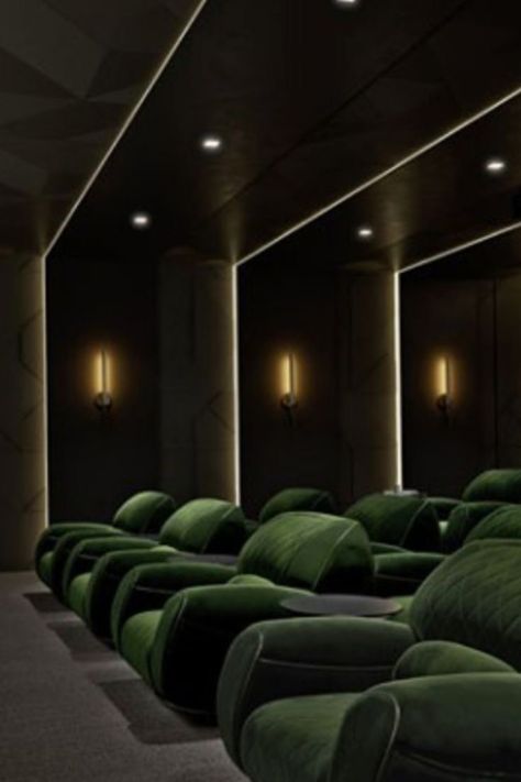 Green Movie Theater, Green Home Theater, Private Movie Room, Green Cinema Room, Home Theatre Flooring, Black Movie Theater Room, Movie Theater Lighting, Green Theater Room, Dark Theater Room