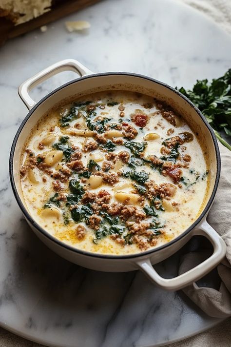 This Easy Zuppa Toscana Soup is a delicious blend of Italian sausage, tender potatoes, and fresh kale in a creamy broth. Perfect for chilly days, it’s a one-pot meal that’s ready in under an hour and sure to satisfy. Save this recipe for an easy dinner #ZuppaToscana #EasySoupRecipe #ItalianSoup #ComfortFood #OnePotMeals #DinnerIdeas #HeartySoup #SoupSeason #FamilyDinner #QuickRecipes Half Baked Harvest Zuppa Toscana, Zuppa Tucson Soup, Dutch Oven Zuppa Toscana, Sausage Potato Kale Soup Pioneer Woman, Better Than Olive Garden Zuppa Toscana, One Pot Zuppa Toscana Soup, Whole 30 Zuppa Toscana Soup, Italian Sausage Orzo Soup Recipes, Creamy Tuscan Sausage Soup