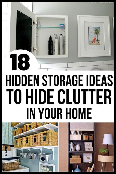 18 genius hidden storage ideas to help you hide your clutter fast and give the appearance of a clean, organized home. Hidden Storage Ideas, Diy Hidden Storage Ideas, Easy Storage Hacks, Hide Clutter, Bathroom Clutter, Storage Hacks Diy, Hide Money, Pretty Storage, Attic Storage