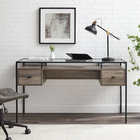 Wrought Studio Jurida 56'' W Rectangular Writing Desk & Reviews | Wayfair Black Glass Desk, Room Beds, Contemporary Writing Desk, Enchanting Aesthetic, Desk Metal, Glass Top Desk, Sophisticated Office, Writing Desk Modern, Tempered Glass Table Top