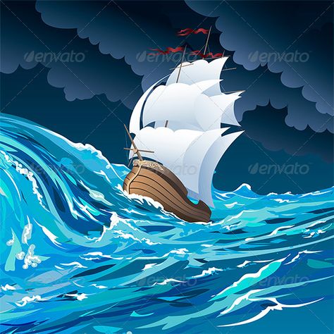 Sail Ship Storm Drawing Easy, Storm Drawing, Ship In Storm, Night Sky Drawing, Cloudy Night Sky, Stormy Ocean, Beach Sunset Painting, Sea Clipart, Sail Ship