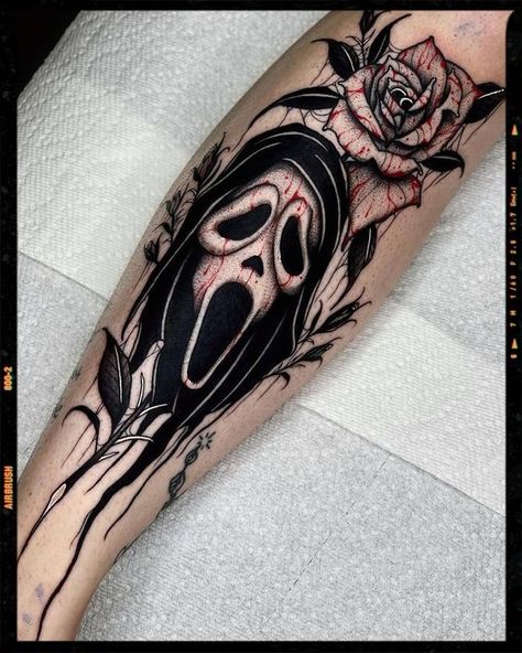 Ghostface Tattoo. Female Tattoos, Men Tattoos, Ghostface Tattoo, Halloween Tattoos Sleeve, Hirsch Tattoo, Movie Tattoos, Forarm Tattoos, Scary Tattoos, Theme Tattoo