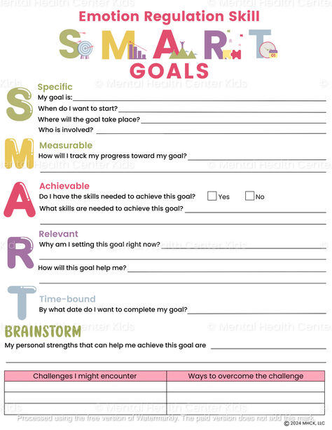 DBT SMART Goals Worksheet for Kids and Teens Goals Worksheet For Kids, Family Therapy Worksheets, Family Learning Activities, Personal Strengths, Smart Goals Worksheet, Smart Goals Template, Counseling Worksheets, Dbt Skills, Smart Goal Setting