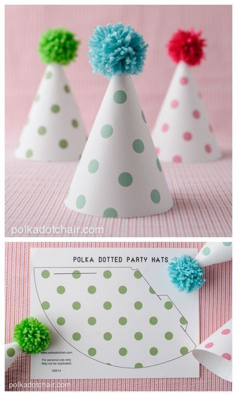 FREE printable Polka Dot Party Hats (+DIY pompom tutorial) Party Hats Diy, Γενέθλια Mickey Mouse, Hats Ideas, Paper Hats, Polka Dot Party, Party Printables Free, Diy Hat, Printable Party, Birthday Hat