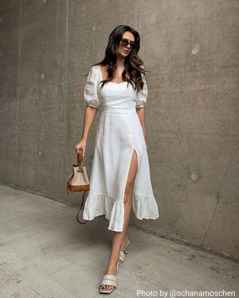 Mini Robes, White Midi, Formal Casual, Midi Dress Casual, Puffed Sleeves Dress, White Midi Dress, Linen Dresses, Hermione, Split Hem