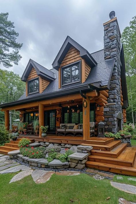 Log Siding Exterior Colors, Stone Addition To Log Home, Dark Log Cabin Exterior, Black Log Cabin Exterior, Timeless Exterior, Log Homes Exterior, Log Cabin Exterior, Farmhouse Style Exterior, Cabin Style Homes