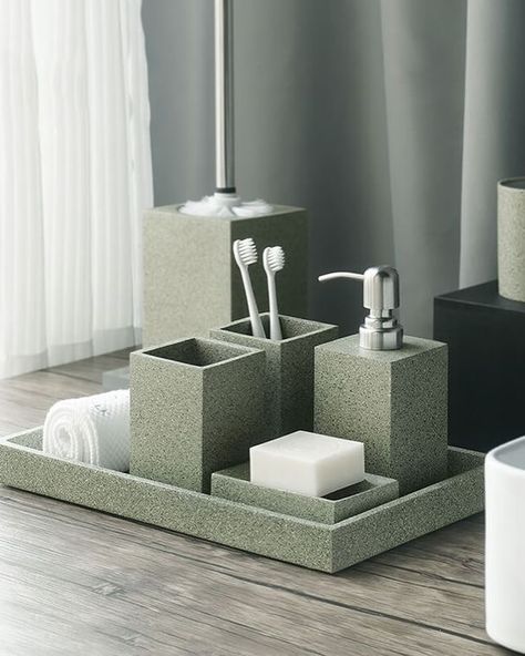 Transform your bathroom into a tranquil oasis with Just Serene’s aesthetic bathroom sets #bathroomdecor #homedecor #bathroomsets #aestheticbathroom #serenebathroom #bathroominspiration #bathroomgoals #homesweethome #bathroomessentials #bathroommusthaves #justserene Bathroom Decor Spa, Classical Bathroom, Bathroom Amenities, Concrete Bathroom Sink, Terrazzo Bathroom, Resin Bathroom, Green Bathroom Accessories, Aesthetic Bath, Concrete Terrazzo