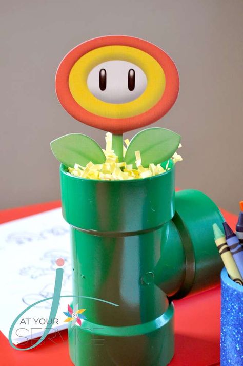 Nate's 3rd Birthday | CatchMyParty.com Mario Bros Birthday Party Centerpieces, Mario Party Centerpieces Ideas, Super Mario Bros Centerpiece Ideas, Super Mario Centerpieces, Brothers Birthday Party Ideas, Mario Brothers Birthday Party Ideas, Super Mario Brothers Birthday Party, Super Mario Brothers Party, Super Mario Bros Party Ideas