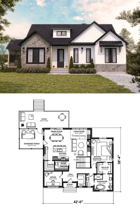 4-Bedroom Single-Story Muskoka Ranch-Style House Plan for a Sloped Lot with Open Concept Living Sims 4 One Room House, One Story House Plans Bloxburg, Single Story House Floor Plans, Sims 4 Houses Layout, Single Floor House Design, Modern Ranch House, Modern House Floor Plans, Small House Layout, Sims 4 House Building