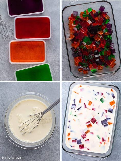 Broken Glass Jello (also known as Stained Glass Jello) looks so impressive, but is really easy to make! Different colors of Jello float in a sweetened white gelatin mixture. Vary it every time by using different flavors. This classic make-ahead dessert recipe looks so lovely on a buffet table and is always a hit at holidays, potlucks, and luncheons! Jello Cubes How To Make, Jello Mold Recipes Vintage, Gelatine Recipes, Mexican Jello Recipe, Stained Glass Jello, Jello Cubes, Broken Glass Jello, Glass Jello, Gelatin Desserts