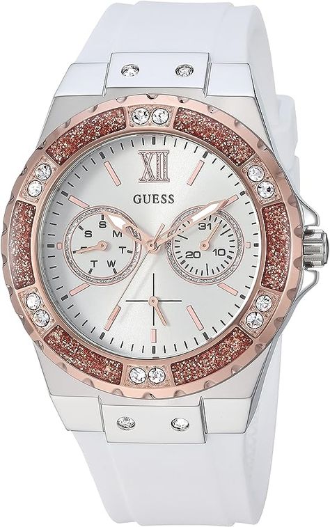 GUESS Women's Stainless Steel + Stain Resistant Silicone Watch with Day + Date Functions Guess Women Watches, Guess Women, Crystal Watches, Top Rings, White Stain, Girls Watches, Women Watches, Unisex Watches, Sports Watch