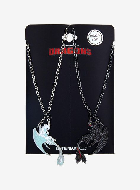 Double the dragons  double the fun! Light up your friendship with this How to Train Your Dragon necklace set  featuring one with a Toothless pendant and another with a Light Fury pendant.18'' + 3'' extender2'' pendantNickel-free alloySet of 2Imported Httyd Jewelry, Toothless Necklace, Dragon Jewelry Necklace, Night Fury Light Fury, Dragon Night Fury, Toothless And Light Fury, Httyd Art, Disney Dragon, Hello Kitty House