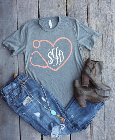 Monogram Heart Stethoscope Tee by TheGraytestAdventure on ETSY, Nurse Shirts, Monogrammed Shirts, Stethoscope Shirts, Nurse Practitioner, Respiratory Therapists, Doc Shirts, Medical Shirts, Nursing Student Shirts, Nursing Graduation Gifts, Nurse Gifts. Nurse Shirts Vinyl, Va Nurse Shirt, Medical Shirt Ideas, Cricut Nurse, Medical Shirts, Lpn Student, Registered Nurse School, Ccu Nurse Shirt, Nurse Clothing