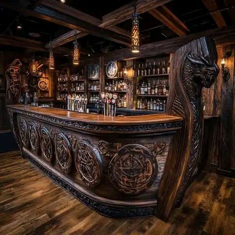 Viking Interior Design, Norse House, Viking Bar, Tavern Ideas, Reloading Room, Dark Academia Home, Bar Space, Barn Houses, Restaurant Ideas