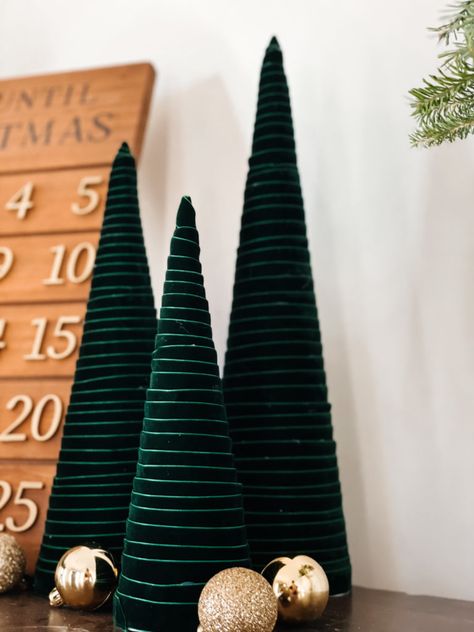 Make These Simple DIY Velvet Christmas Trees Ribbon Cone Christmas Tree, How To Make Velvet Cone Trees, Velvet Ribbon Cone Tree, Diy Small Christmas Tree Decor, Velvet Ribbon Christmas Tree Diy, Diy Pencil Tree, Velvet Trees Diy, Cone Trees Christmas Decorating Ideas, Miniature Christmas Trees Ideas