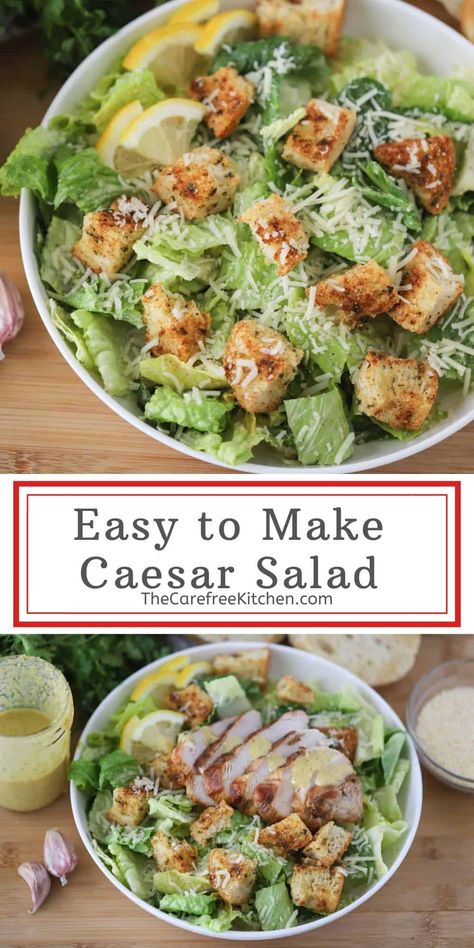 This Classic Caesar Salad is the best Caesar Salad recipe, complete with crunchy homemade croutons. Serve as a side salad, light lunch, or with added protein to make it a complete meal. #thecarefreekitchen #salad #dressing #caesar #caesarsalad #anchovies #lunch #croutons Homemade Caesar Salad, Homemade Caesar Salad Dressing, Homemade Caesar, Classic Caesar Salad, Caesar Salad Dressing, Caesar Salad Recipe, Caesar Dressing, Salad Dressing Recipes, Caesar Salad