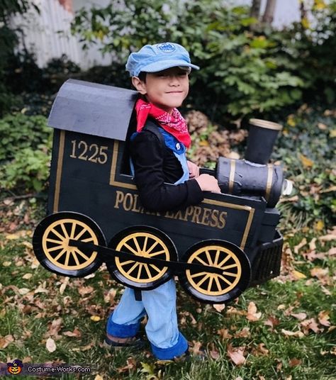 Polar Express Costume, Train Ride Outfit, Train Conductor Costume, Cardboard Train, Train Costume, Polar Express Train Ride, Old Halloween Costumes, Cardboard Car, Polar Express Train