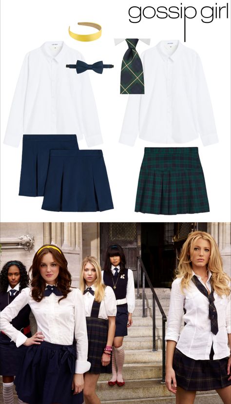 Serena Outfits Gossip Girl, Outfit Carnevale, Carnaval Duo, Gossip Girl Uniform, Serena And Blair Costume, Gossip Girl Halloween, Gossip Girl Costume, Costume Duo Ideas, Girl Duo Costumes