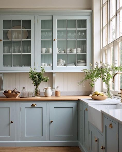 Interior • Instagram Robin Egg Blue Cabinets, Kitchen Design Colourful, Blue Cabinets Kitchen Backsplash, Soft Kitchen Colors, Kitchen Design Light Colors, Muted Blue Cabinets Kitchen, Light Blue Shaker Kitchen, Duck Egg Kitchen Cabinets, Kitchen Ideas Colour Schemes