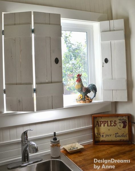 15 Awesome DIY Projects | Confessions of a Serial Do-it-Yourselfer Diy Indoor Shutters, Indoor Shutters, Rustic Shutters, Window Shutters, Farmhouse Kitchen Decor, Rustic Diy, Country Kitchen, Window Sill, 인테리어 디자인