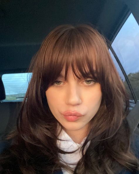 Thick Bangs Straight Across, Shoulder Length Shag Haircut With Bangs, Haircuts With Bangs Round Face, Oval Face Bangs Long Hair, 70s Bangs Fringes, Shoulder Length Layered Hair With Bangs, Black Hair With Bangs, Haircut And Color, Hair Color And Cut