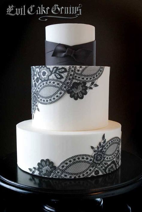 If I go with black bridesmaid dresses, I would love this cake without the ribbon. I'd have to add some color to it with bouquet flowers. Black And White Wedding Cake, Whiskey Cake, White Cakes, Tiered Cake, Gateaux Cake, Cake Stencil, Fondant Cookies, White Wedding Cakes, Cake Lace