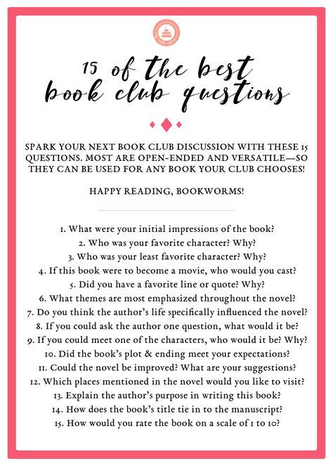 15 Of The Best Book Club Questions-- Cozy Reader Club #bookclub #booklover #books Book Club Apps, Book Club Projects, Book Club Ice Breaker Questions, Book Club Questions By Chapter, Book Club Questions For Any Book, Bookclub Ideas Activities, Book Club Games, Book Club Ideas Hosting, Teen Book Club