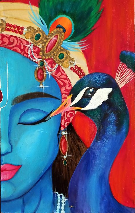 Krishna With Peacock, Krishna Vasudev, Radha Krishna Drawing, Peacock Drawing, Modern Art Canvas Painting, Krishna Drawing, Boho Art Drawings, Buddha Art Painting, Beautiful Art Paintings