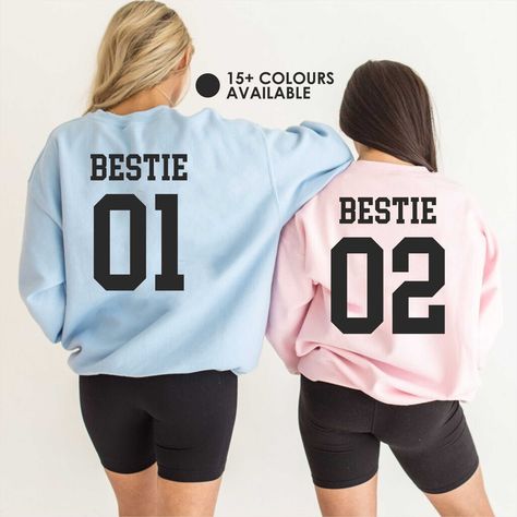 Best Friend Sweatshirt with Personalized text, Matching Bestie Sweatshirts, Bestie Shirt, Fun Sweatshirt, Custom Bestie Shirt 👕 Working hard or hardly working? Either way, you'll want to wrap up in the plush, cosy comfort of this crewneck sweatshirt. The pre-shrunk cotton/polyester blend fabric stays comfortable, with less pilling. And it's machine washable, so caring for it feels as laid-back as wearing it.. * Air jet yarn, softer feel and reduced pilling * Drop shoulder style * Classic fit * Bestie Sweatshirts, Best Friend Sweatshirts, Best Friend Hoodies, Bff Matching Outfits, Crazy Best Friends, Best Friend T Shirts, Bff Matching, Bestie Outfits, Matching Outfits Best Friend