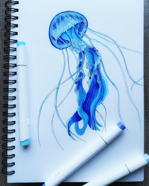 Blue Jellyfish Drawing, Jelly Fish Drawing Color, Colorful Fish Drawing, Jellyfish Art Drawing, Monster Manga, Ariana Grande Anime, Watercolor Jellyfish, Manga Ideas, Jellyfish Drawing