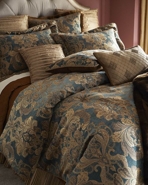 Set includes two corded shams and one comforter  Shams feature a 3\" top stitched flange and envelope back  Comforter features a corded edge and cotton back  Crafted of polyester and viscose  Comforter, approx. 109\"L x 95\"W   Shams, approx. 36\"L x 20\"W   Dry clean Set of three  Made in USA from imported materials Fairy Tale Room, Fairy Tent, Colored Bedroom, Autumn Bedroom, Luxury Comforter Sets, Royal Bed, Haute House, Bed Comforter, Bed Comforter Sets