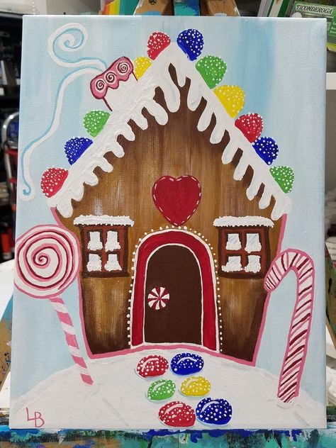 Ginger Bread House Painting Ideas, Gingerbread Acrylic Painting, Gingerbread House Acrylic Painting, Christmas House Drawing Ideas, Cartoon Christmas Painting, Diy Santa Painting, Gingerbread Man Painting On Canvas, Easy Christmas Paintings For Beginners Canvas, Christmas Painting Diy Canvases