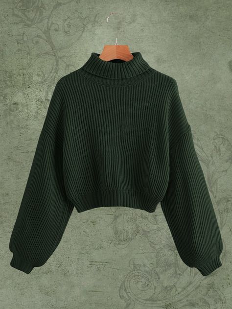 Dark Green Casual Collar Long Sleeve Fabric Plain Pullovers Embellished Medium Stretch  Women Clothing Dark Green Knitted Sweater, Dark Green Clothing Aesthetic, Dark Green Outfits For Women, Dark Green Clothes Aesthetic, Dark Green Shirt Outfit, Dark Green Aesthetic Outfit, Forest Green Clothes, Cute Outfits Green, Hunter Green Outfit